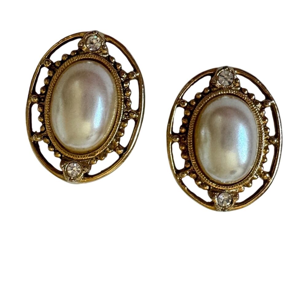 Vintage Gold Tone Faux Pearl Rhinestone Clip On Earrings Estate Jewelry